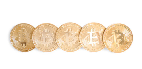 Row of bitcoins isolated on white, top view. Digital currency