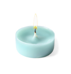 Light blue wax decorative candle isolated on white