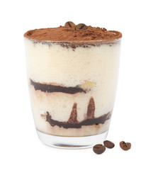 Delicious tiramisu cake in glass with coffee beans isolated on white