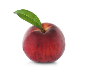 Delicious ripe peach with leaf isolated on white