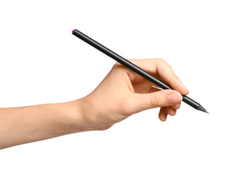 Young woman holding pencil on white background, closeup