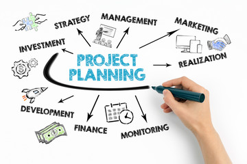 Project Planning Concept. Chart with keywords and icons on white background