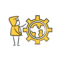 businessman with globe in gear yellow stick figure theme