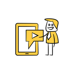 businessman and mobile video yellow stick figure theme