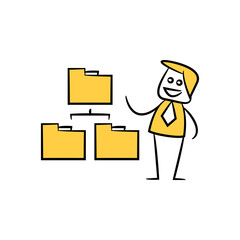 businessman and file diagram concept in stick figure yellow theme