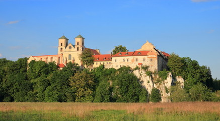 Fototapeta na wymiar Landscape with medieval benedictine abbey in tyniec nearby Krakow, Poland, built on rocky hill on Vistula river bank, field and thick greenery around