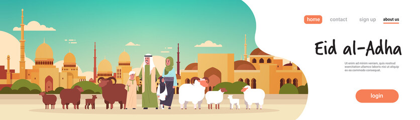 Fototapeta premium happy Eid al-Adha mubarak muslim holiday concept arab family standing with white black sheep flock Sacrifice festival nabawi mosque building cityscape flat full length horizontal copy space