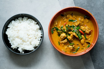 Chicken panang curry serve with steamed rice