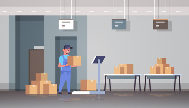 courier man in uniform putting parcel box on scales mail express delivery logistic service concept modern warehouse interior flat horizontal full length