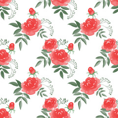 Seamless pattern with Rose flower branches with leaves on white background.