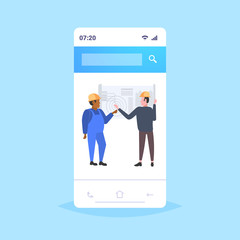 architects couple working with blueprint mix race engineers team discussing new building project during meeting industrial technicians teamwork concept online mobile application flat full length