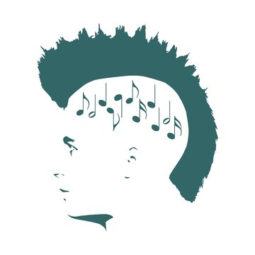 Isolated male face silhouette or icon. Mohawk hairstyle. Musical notes as a symbol of a brains.