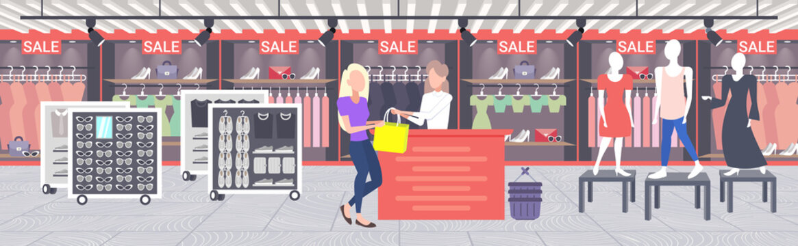 woman customer buying new handbag at cash desk counter fashion shop cloth store female shopping mall modern boutique interior flat horizontal banner