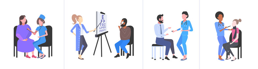 set doctors examining patients different medical consultation medicine healthcare concepts collection flat full length horizontal