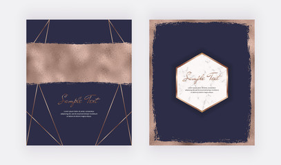 Copper brush stroke foil texture design cards with polygonal lines and marble frames on the dark blue background. Trendy templates for wedding invitation, banner,flyer, poster, greeting.
