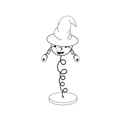 funny cartoon spring in a wizard's hat - with head, eyes and mouth, stands on a stand and two eyes fall off. Black and white coloring