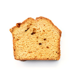 Slice of fresh cake on white background