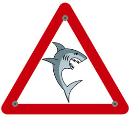 A large shark with an open jaw and sharp teeth in a danger sign