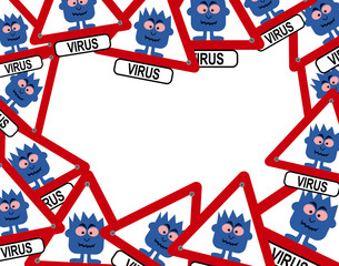 virus pattern with blue monster in warning sign