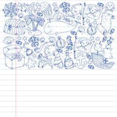 Ocean and sea for children. Pattern for boys. Pirate party. Cute fishes, animals, treasures. Kids vacation pattern, beach toys and elements.