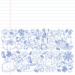 Ocean and sea for children. Pattern for boys. Pirate party. Cute fishes, animals, treasures. Kids vacation pattern, beach toys and elements.