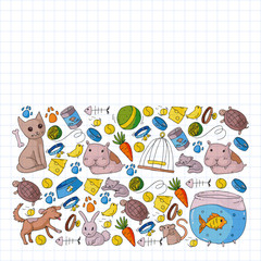 Pet shop. Vector illustration with animals, dog, cat, fish, Colorful background with kitten, bird, puppy. Veterinarian clinic.