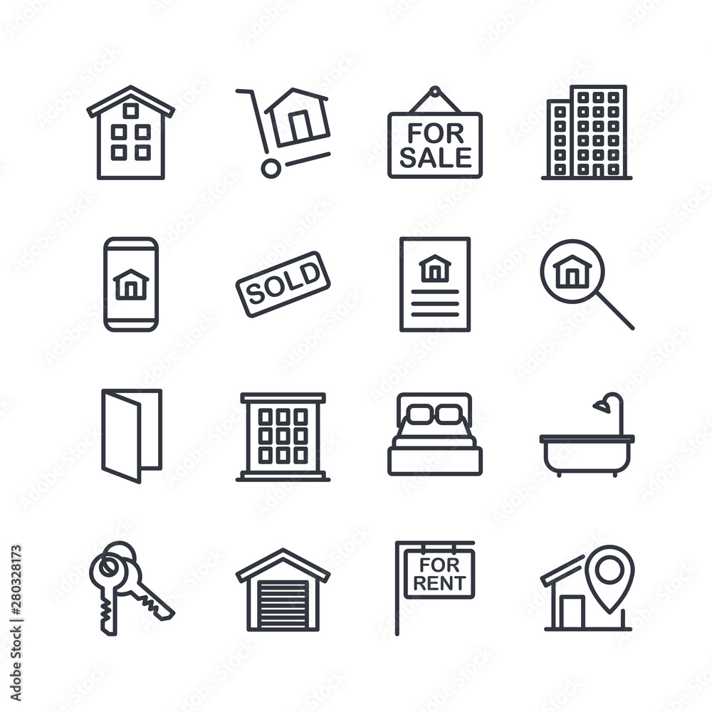 Aufkleber real estate related vector line icons set. contains such icons as for rent sign, bedrooms, office, l