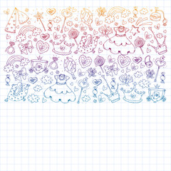 Princess birthday party for little girls. Kindergarten, school children picture. Illustration for children with castle, fairy, dress, crown.