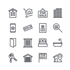 Real Estate Related Vector Line Icons set. Contains such Icons as For Rent Sign, Bedrooms, Office, Location and more for graphic and web design.