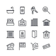 Real Estate Related Vector Line Icons set. Contains such Icons as For Rent Sign, Bedrooms, Office, Location and more for graphic and web design.