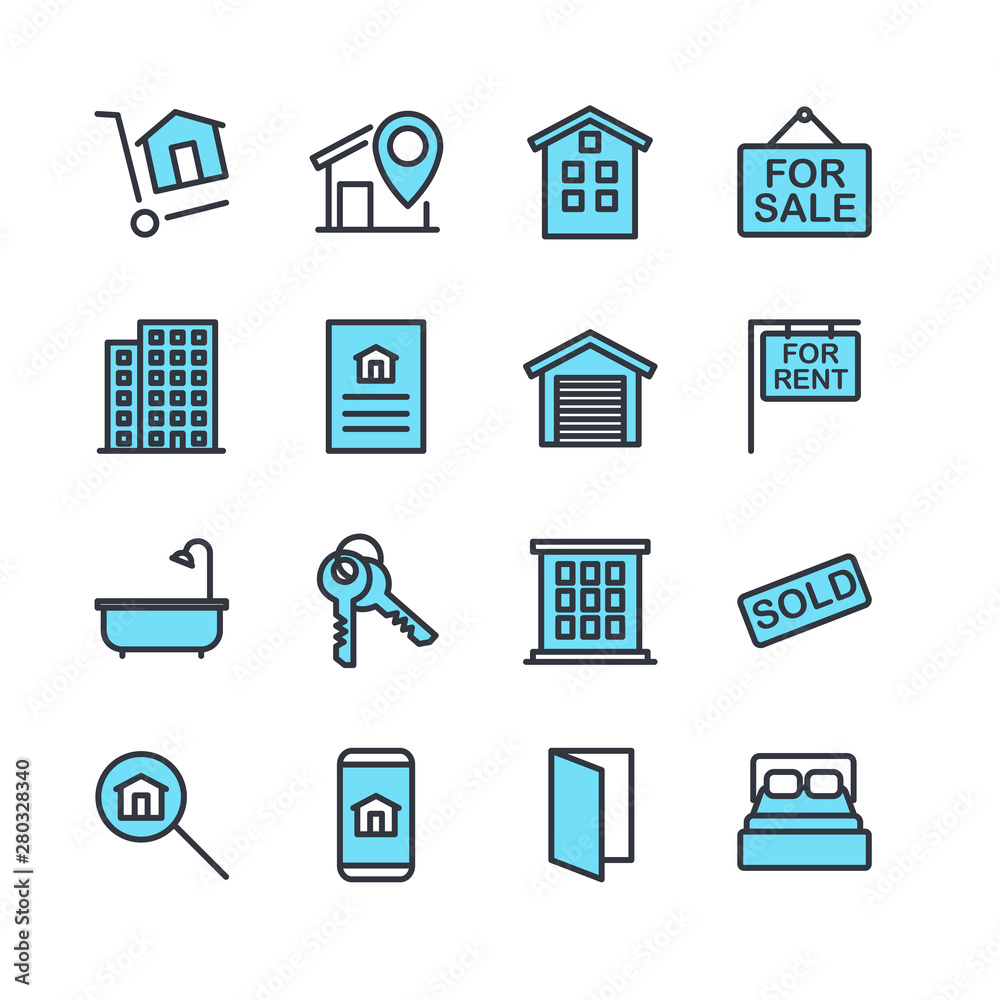 Poster real estate related vector line icons set. contains such icons as for rent sign, bedrooms, office, l