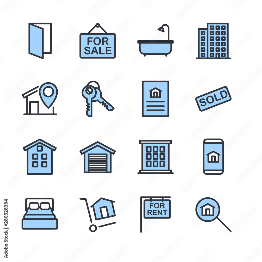 Poster Real Estate Related Vector Line Icons set. Contains such Icons as For Rent Sign, Bedrooms, Office, Location and more for graphic and web design.