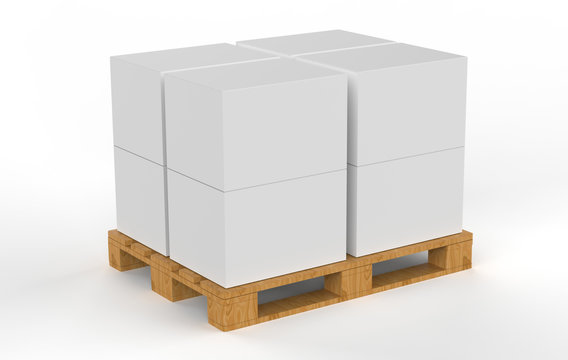 stack of four boxes mock up on euro pallet in white background. 3d illustration 