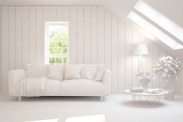 Mock up of stylish room in white color with sofa. Scandinavian interior design. 3D illustration