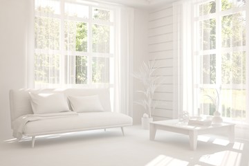 Mock up of stylish room in white color with sofa and green landscape in window. Scandinavian interior design. 3D illustration