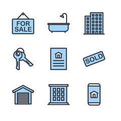 Real Estate Related Vector Line Icons set. Contains such Icons as For Rent Sign, Bedrooms, Office, Location and more for graphic and web design.