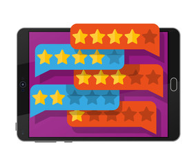 Fototapeta premium Chat clouds with golden stars on tablet pc screen. Reviews five stars. Testimonials, rating, feedback, survey, quality and review. Vector illustration in flat style