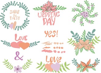 Wedding graphic set of floral frames with inscriptions and elements for design. Vector illustration for posters, invitations, templates, menus.