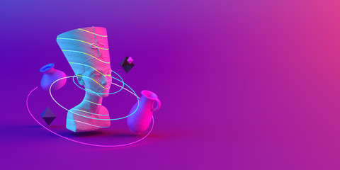 3d-illustration of an abstract composition of sculpture and primitive objects on violet background