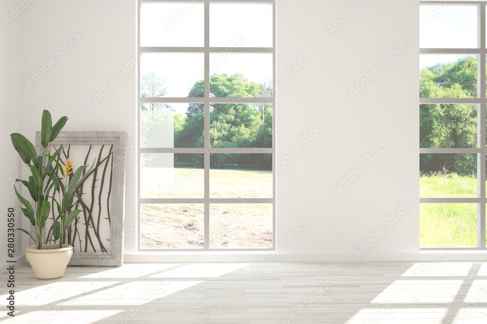 Wall mural stylish empty room in white color with summer landscape in window. scandinavian interior design. 3d 