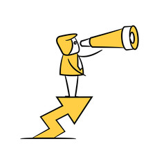 businessman standing on arrow chart using telescope yellow stick figure theme