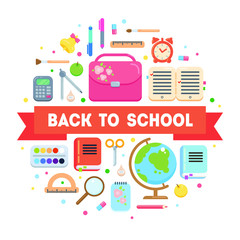 Back to school card. Education vector. Rounded bunner with school supplies and ribbon