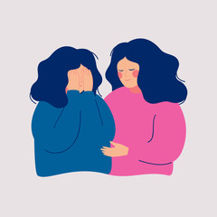 Young woman comforting her crying best friend. Depressed girl covering face with  hands and her girlfriend consoling and care about her. Help and support concept. Hand drawn style vector design illust