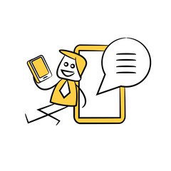 businessman sitting next to mobile phone message yellow stick figure doodle theme