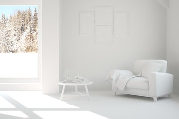 Mock up of stylish room in white color with armchair. Scandinavian interior design. 3D illustration