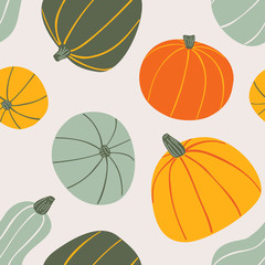 Food hand drawn vector seamless pattern. Stylized colorful pumpkins on light background. Cartoon Vegetables for wrapping paper, textile, background design for Halloween
