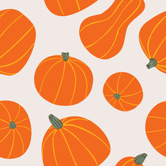 Food hand drawn vector seamless pattern. Stylized orange pumpkins. Cartoon Vegetables for wrapping paper, textile, background design for Halloween
