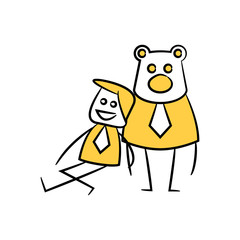 businessman sitting next to bear friend yellow stick figure doodle theme