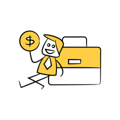 businessman holding money coin,sitting next to briefcase yellow stick figure theme