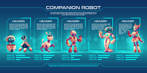Companion robot evolution timeline infographics, Robotics progress stages from small droid to humanised cyborg. Game character unit design, level up upgrade guide with development steps Cartoon vector - obrazy, fototapety, plakaty